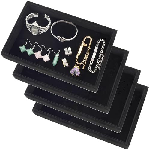 4pcs 9"x5.7" Velvet Jewelry Tray Jewelry Display Tray Stackable Plate Tray | Jewelry Organizer Trays for Earrings Necklaces Bracelet Rings Display Showcase - Black - color: Black, size: Flat Tray 9"x5.7"