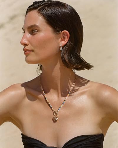 18k Gold Plated Chain Link Necklace for Women, Baroque Pearl/Compass Pendant Necklace - color: Colorful Beads Heart