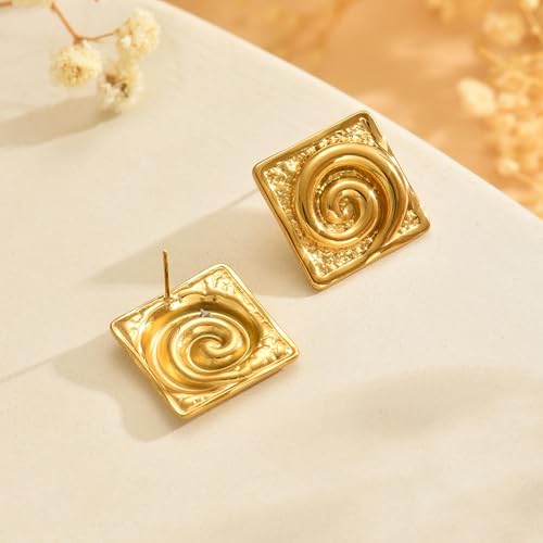 Chunky Stud Earrings for Women 18K Gold Plated Large Square Rectangle Geometric Round Swirl Stud Earrings Trendy Irregular Hammered Statement Earrings - color: Square Swirl-Gold