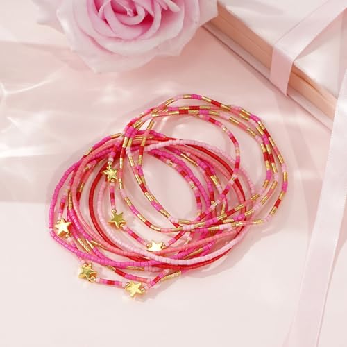 Gold Beaded Bracelets Stack for Women Stocking Stuffers 12PCS Boho Gold Plated Seed Beads Bracelet Stretch Star Stackable Accessories Jewelry Friendship Fall Christmas Gifts for Women - color: Pink