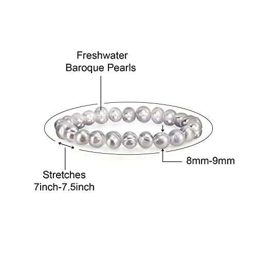 Savlano 8-9MM Cultured Freshwater Baroque Pearl Stretch Bracelet 7 Inches. Available In a Range of Beautiful Colors, For Women Comes with Gift Box - color: Grey