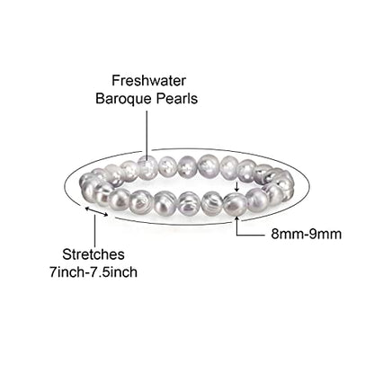 Savlano 8-9MM Cultured Freshwater Baroque Pearl Stretch Bracelet 7 Inches. Available In a Range of Beautiful Colors, For Women Comes with Gift Box - color: Grey