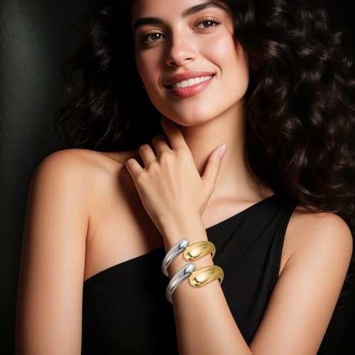 Emibele Cuff Bracelet Stack, 18K Gold-plated Open Bangle Bracelet, Teardrop Hinged Thick Wrist Chunky Bracelet Set for Women, Non Tarnish Jewelry Gift, 2 Pack - color: Gold Sliver