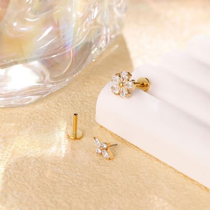 NICEIGHT 2Pcs 16G 18G F136 Titanium Threadless Cartilage Earrings Stud for Women Flat Back Push in Helix Tragus Labret Monroe Stud Hypoallergenic Flower Conch Lobe Stud Piercing Jewelry 6/8MM - color: Gold, size: 16G