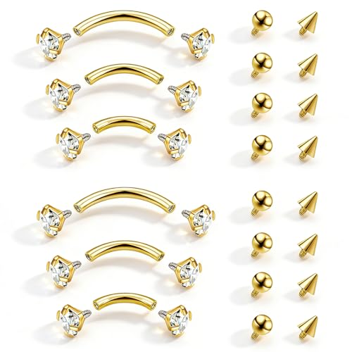 16G Eyebrow Piercing Jewelry Rook Earrings for Women Internal Thread Curved Barbell CZ Eyebrow Rings Vertical Labret Lip Jewelry Ear Rook Stud Small Tiny Belly Button Ring 6mm/8mm/10mm - color: Gold