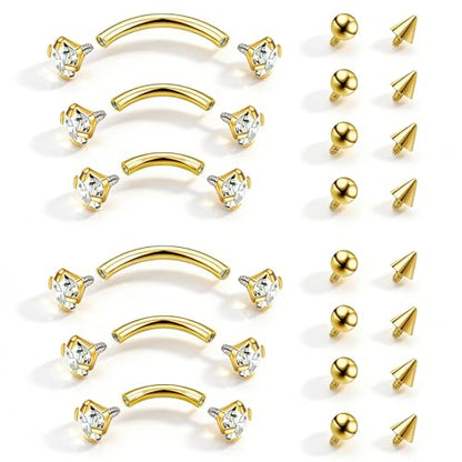 16G Eyebrow Piercing Jewelry Rook Earrings for Women Internal Thread Curved Barbell CZ Eyebrow Rings Vertical Labret Lip Jewelry Ear Rook Stud Small Tiny Belly Button Ring 6mm/8mm/10mm - color: Gold