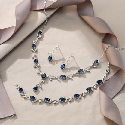 EVER FAITH Cubic Zirconia Pearl Leaf Bridal Jewelry Set for Bride Women | White Wedding Prom Necklace Dangle Earrings Bracelet, for Bridesmaid - color: CZ_Blue Silver-Plated-Brass