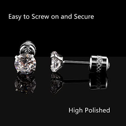 Titanium Surgical Steel CZ Screw Back Stud Earrings Set Hypoallergenic | Cubic Zirconia, Stainless Steel, Mens, Small, Dainty, Silver, Hypoallergenic for Sensitive Ears, Lobe, Cartilage, Helix - color: Round Clear - 2/3/4/5/6mm