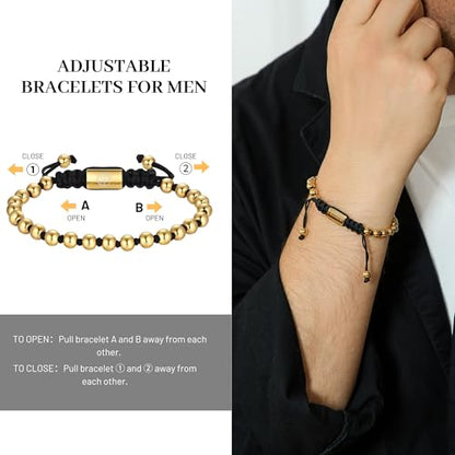 18K Gold-Plated Bracelets for Men Franco Link Chain Adjustable | Stainless Steel Bracelet, Gold Beads Bracelet, Handcrafted Braided, Mens Jewelry Birthday Gift for Men - color: Black with Gold