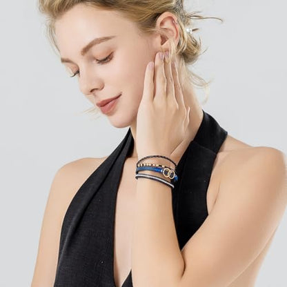 Chunky Boho Leather Wrap Bracelets Cowgirl Beaded Circle Western Jewelry | Stackable Infinity Layered Bohemian Magnetic Clasp Cuff Statement Fashion Colorful Country Hippie Outfits for Women Trendy - color: Navy Blue