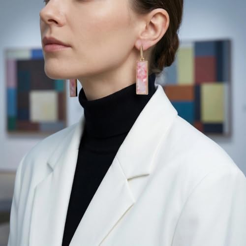Coiris Rectangle Earrings for Women Geometric Stud Dangle Drop Jewelry Lightweight Colorful Print Statement Accessories - color: Pink White