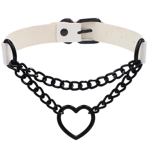Love Heart Choker Collar Necklace, Adjustable Leather Punk PU Necklace Goth Choker Soft Collar Chain for Women - color: White