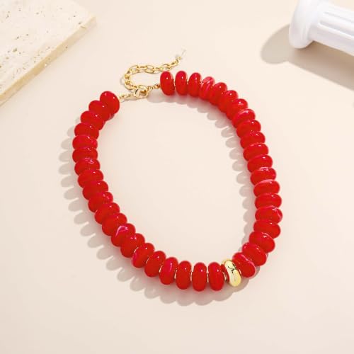 Chunky Beaded Necklace for Women Boho Statement Bead Necklace Adjustable Choker with Polished Disc/Square Beads Trendy Summer Beach Jewelry Gifts - color: Red