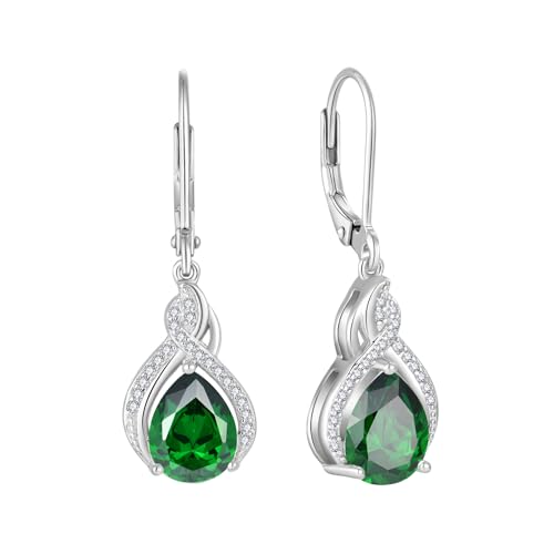 925 Sterling Silver Infinity Teardrop Earrings for Women | Lwsary Dangle Drop Leverback Earrings, Pear Shaped Birthstone Jewelry for Her - color: Green