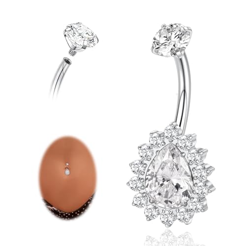 AROWRO Gold Belly Button Ring G23 Titanium Hypoallergenic 14G belly ring for Women Men Teardrop Navel Piercing Jewelry 10mm Barbell With Cubic Zircon - color: Sliver+Clear CZ