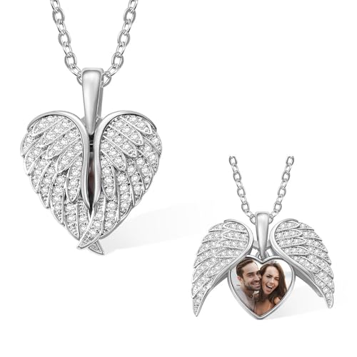 AILIN Personalized Angel Wing Locket Necklace Sterling Silver 925/Brass Custom CZ Heart Picture Locket Necklace For Her Guardian Angel Family Photo Pendant For Women Valentine Mother Birthday Gifts