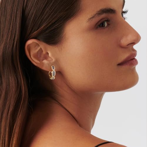 Huggie Hoop Earrings 14K Gold Plated Cubic Zirconia Dainty Simple Cute Beads Elegant CZ Circle Small Hoop Earring for Women Minimalist Handmade Hypoallergenic Jewelry - color: CZ-Blue