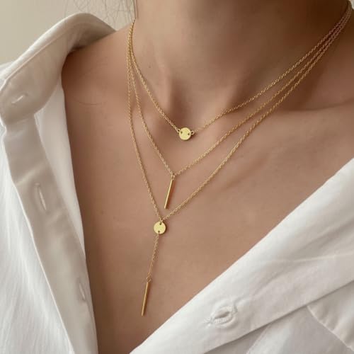 Lariat Gold Necklaces for Women, 14K-Gold-Plated Long Chain Bar Stacking Layer Y-Necklaces, Hypoallergenic Non-Tarnish Jewelry for Gift