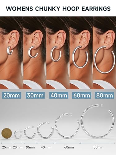 PROSTEEL Chunky Hoop Earrings for Women 14K Gold Plated/Black/Silver | 20/30/40/50/60/70/80mm Stainless Steel Thick Big Round Hoop with Waterproof and Non Tarnish Trendy Jewelry with Gift Box - color: 2. Silver, size: 20MM