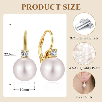 925 Sterling Silver Pearl Leverback Earrings for Women Cubic Zirconia Pearl Jewelry 10MM - color: A: Leverback-Yellow