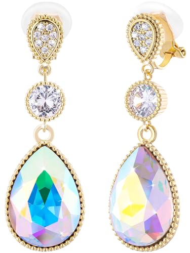 Clip On 18 * 13MM Big Crystal Dangle Non Pierced Earrings for Women 14K Gold Plated Jewelry - color: Apr-Diamond-14K Gold Plated