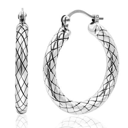 925 Sterling Silver Hypoallergenic Chunky Hoop Earrings for Women | Anti Tarnish Hoops in Various Styles by MAX + STONE - style: Quilted Hoops