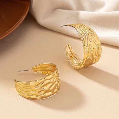 Hoop Earrings for Women Wide Hoop Earrings Large Big Flat Huggie Hoops Earrings Trendy Chunky Hoops Earrings Statement Earrings Jewelry for Women - color: Gold1