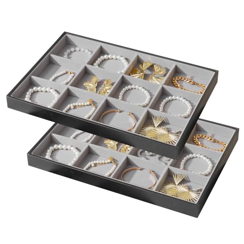 Large Jewelry Organizer Tray for Drawer Inserts 2 Pack | Stackable Jewelry Storage PU Leather Velvet Jewellery Display Case for Earring Bracelet Necklace (Black Gray, 12 Grids) - color: Black Gray, size: 12 Grids