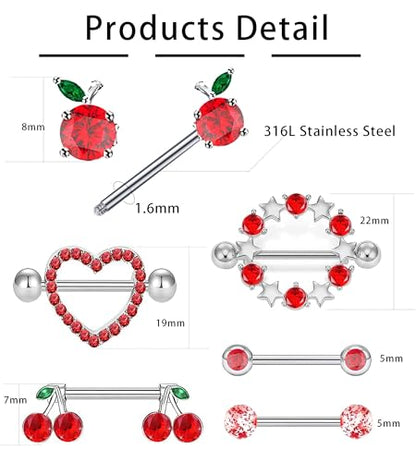 Suotarn 14G INNINipple Rings for Women 316L Stainless Steel Heart Cherry,Star Butterfly Nipple Barbell CZ Cute Nipple Rings Set Nipplerings Piercing Jewelry - color: red
