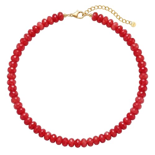 Joya Love Colorful Gemstone Beaded Necklaces For Women Trendy Rainbow Natural Stone Boho Handmade Stainless Steel Waterproof Strand Necklaces Jewelry For Women Gift - color: Red