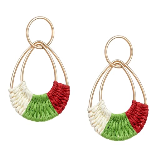 Raffia Hoop Earrings for Women Fun Boho Summer Beach Earrings Lightweight Handmade Straw Wicker Rattan Dangle Earrings Statement Geometric Round Drop Earrings - color: Christmas - Teardrop