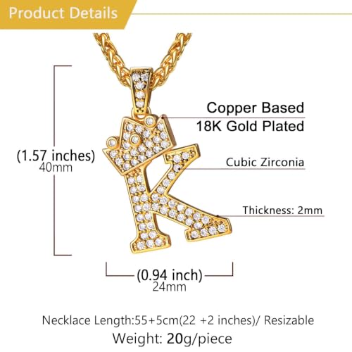 U7 Crown Initial Necklace Men Women, Bling Diamond A-Z 0-9 Letter Pendant with Wheat Chain, Silver/Black/Gold Plated CZ Alphabet Number Hip Hop Jersery for Father Husband - color: a. Gold, size: 11. K
