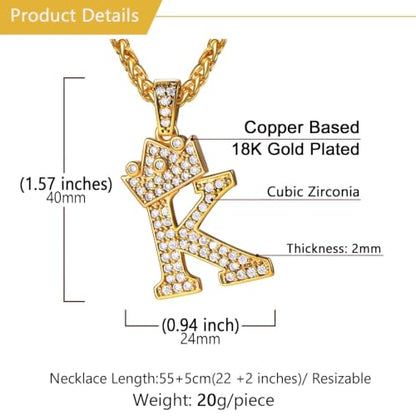 U7 Crown Initial Necklace Men Women, Bling Diamond A-Z 0-9 Letter Pendant with Wheat Chain, Silver/Black/Gold Plated CZ Alphabet Number Hip Hop Jersery for Father Husband - color: a. Gold, size: 11. K