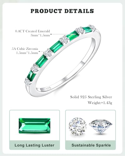 925 Sterling Silver 1.5mm Thin Baguette Stackable Rings for Women | Created Ruby/Sapphire/Emerald/Cubic Zirconia,Dainty Wedding Band Birthday Anniversary Jewelry(with Gift Box) - color: 03-Created Emerald & CZ