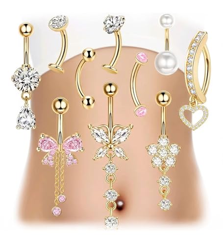 Dangle Floating Gold Belly Button Ring Surgical Stainless Steel Navel Piercing Set Hypoallergenic Small 14g Belly ring Heart Short Cute Pink Dangly Belly Piercing Jewelry for Women - color: gold
