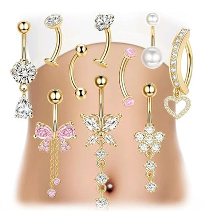 Dangle Floating Gold Belly Button Ring Surgical Stainless Steel Navel Piercing Set Hypoallergenic Small 14g Belly ring Heart Short Cute Pink Dangly Belly Piercing Jewelry for Women - color: gold
