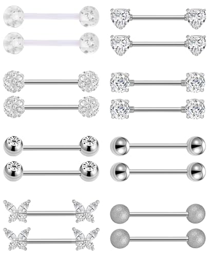 Akeoqi 8 Pairs Nipple Rings Tongue Ring 14G Stainless Steel CZ Ball Heart Butterfly Nipple Straight Barbells Body Piercing Jewelry for Women Men Silver Rose Gold Plated 14mm - color: B:Silver, size: 14mm