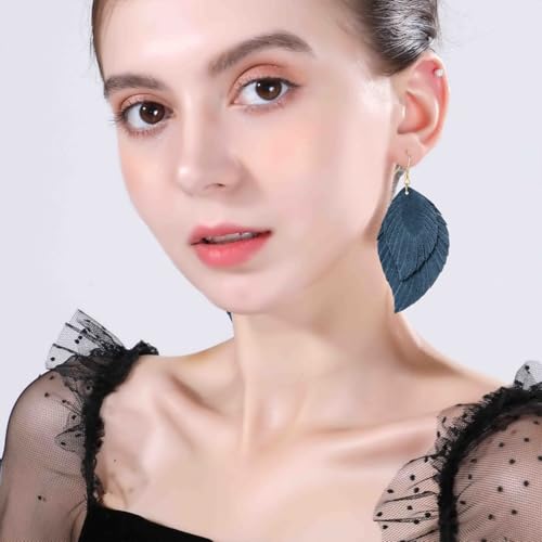 Genuine Leather Handmade Fringe Feather Lightweight Dangle Drop Earrings Teardrop Tassel Hook Earrings for Women - style: 5 Blue