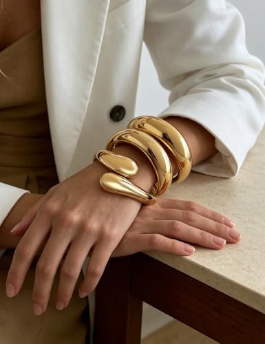Chunky Gold Bangle Bracelets for Women, Dainty 14k Gold Plated Big Stackable Bangles Set, Trendy Statement Cuff Bracelet Stack Fashion Jewelry Gifts - style: 3 Big chunky bangles