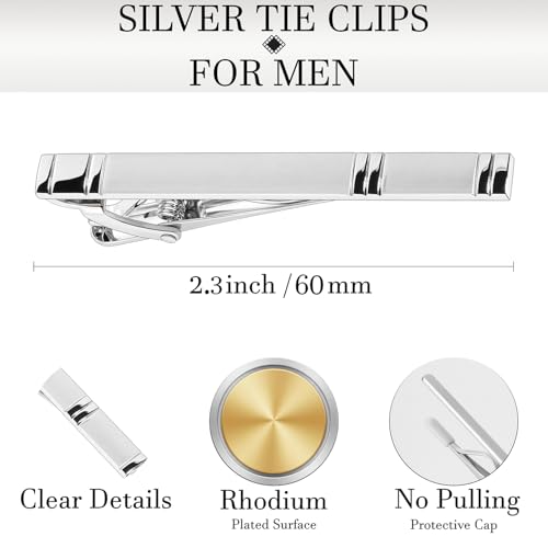 HAWSON Light Gold Silver Tie Clips for Mens Necktie, Elegant Satin Tie Bars Pins Tacks, Suit Tie Accessories Business Wedding Gifts - style: Light Silver Classic 2