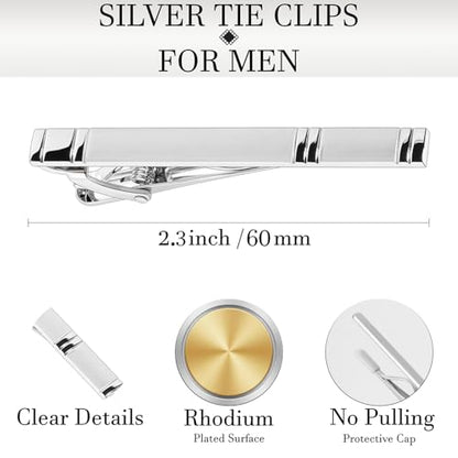 HAWSON Light Gold Silver Tie Clips for Mens Necktie, Elegant Satin Tie Bars Pins Tacks, Suit Tie Accessories Business Wedding Gifts - style: Light Silver Classic 2