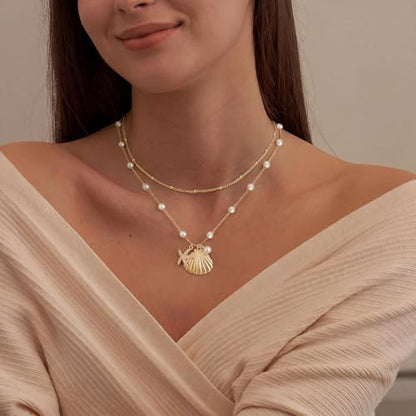 Shell Starfish Charm for Women, Dainty Layered 14K Gold Plated Seashell Conch Starfish Pearl Pendant Necklace for Women Stack Trendy Beach Cuban Link CZ Chain Necklace Summer Vacation Jewelry - color: 2PSC Layered/ Starfish & Shell Pearl