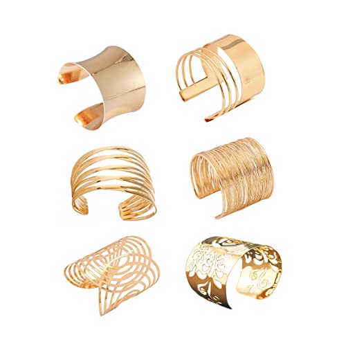 COLORFUL BLING Punk Alloy Hollow Geometric Smooth Polished Gold Hoop Open Cuff Wide Bracelet Bangle Wrist Jewelry for Women Lady - color: 6pcs gold B