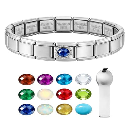 GEMOSA Birthstone Italian Charm Bracelet - 18 Links 9mm x 10mm Stainless Steel Base Bracelet with Birthstone Charm & Link Opener Tool, Polished Silver Finish Jewelry Gift Box Set for Women - color: 09-Sep-Sapphire