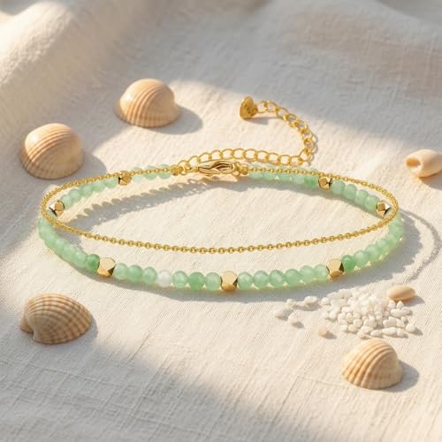 Gold Ankle Bracelet for Women Waterproof, Dainty Natural Stone Bead Anklet Adjustable Double Ankle Chain Summer Beach Boho Foot Jewelry Anniversary Birthday Gifts - color: Aventurine