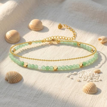 Gold Ankle Bracelet for Women Waterproof, Dainty Natural Stone Bead Anklet Adjustable Double Ankle Chain Summer Beach Boho Foot Jewelry Anniversary Birthday Gifts - color: Aventurine