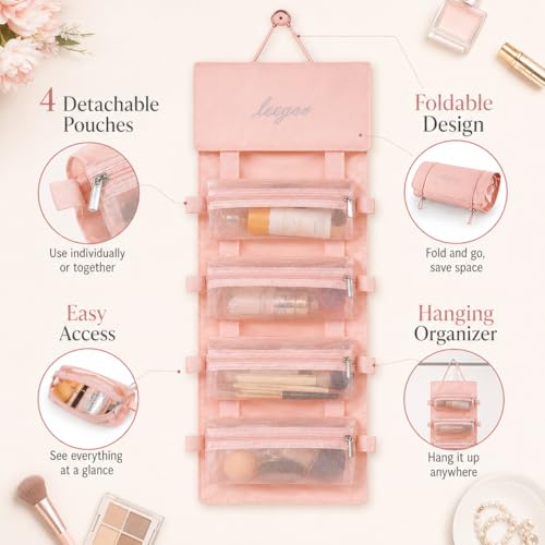 Hanging Detachable Makeup Organizer, Foldable Mesh Cosmetic Travel Bag | Hanging Design, Detachable Pouches, Foldable, Mesh Visibility, Multi Compartments, Travel Storage