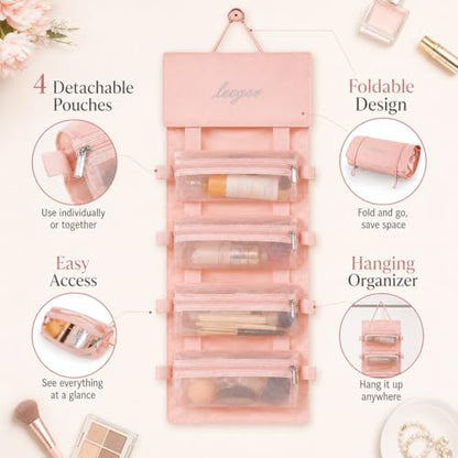 Hanging Detachable Makeup Organizer, Foldable Mesh Cosmetic Travel Bag | Hanging Design, Detachable Pouches, Foldable, Mesh Visibility, Multi Compartments, Travel Storage