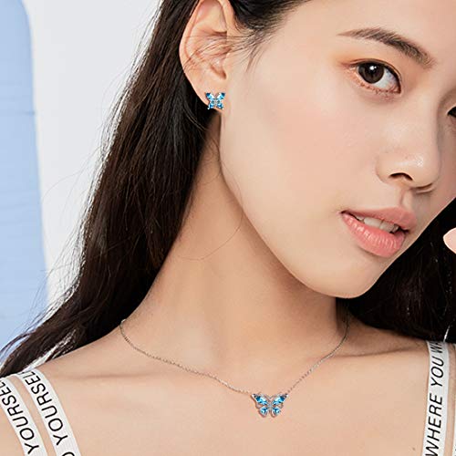 925 Sterling Silver Birthstone Butterfly Jewelry Women Crystal Animal Cute Butterflies Birthday Necklace/Earring/Ring/Bracelet Sets Birth Stone Statement Anniversary Jewellery - color: 1-C.March-Aquamarine