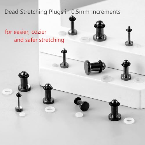 Casvort 22 PCS/16 PCS Hypoallergenic 18G-1'' Comfy Dead Stretching Plugs in 0.5mm Increments Saddle Plugs with Rubber Rings 316 Surgical Stainless Steel Crazy Ear Gauges Body Piercing Jewelry - color: Black 1-6mm 22 PCS